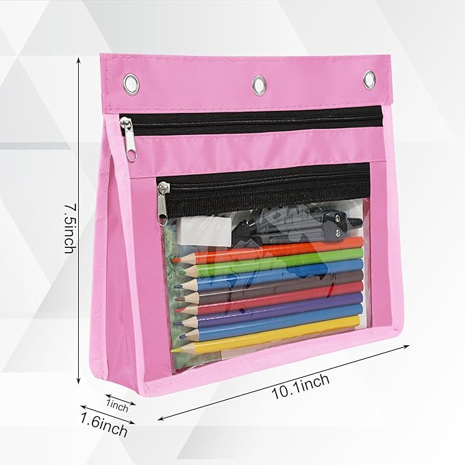 YoeeJob 6 Pack 1 Inch Expandable Zipper Pencil Pouches with Clear Window for 3 Ring Binder, Suitable for School & Office（Pink）