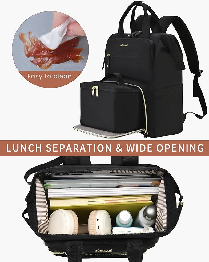 LOVEVOOK Lunch Backpack for Women, 17 Inch Laptop Bag with Insulated Cooler Lunch Box, Work Backpack for Teacher Nurse, Travel Backpacks Lunch Bag for Camping Picnic Daily Use