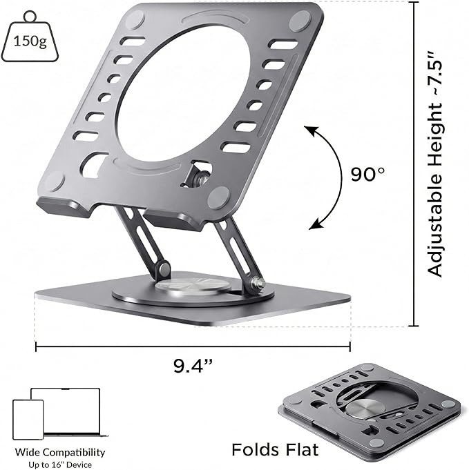 Uncaged Ergonomics Swivel Laptop Stand for Desk, Adjustable Computer iPad Stand for Desk w/ 360 Rotation, Portable Laptop Holder for Home Office Ergonomic Supplies (Space Gray)