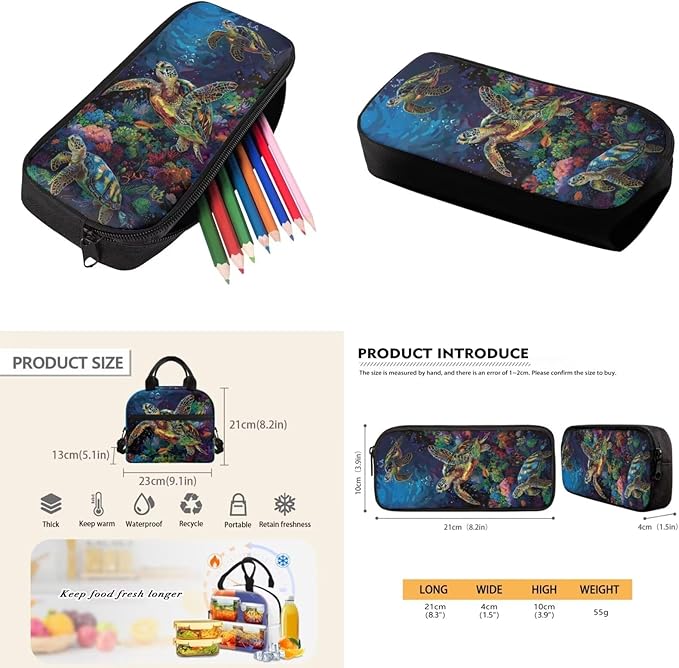 3D Sea Turtle Kids Backpack Set for Girls Boys, Large Book Bag with Lunch Box Pencil Case, Lightweight Kids School Bag Set for Elementary Primary Middle School Student, Blue and Green