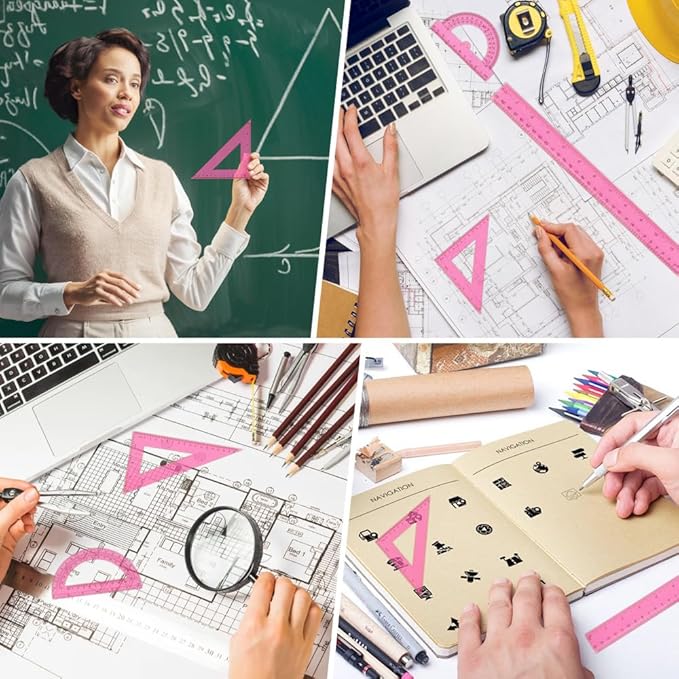 Plastic Clear Ruler Math Set, 6" | 12" Straight Ruler Protractor, 2 Protractors 180 Degree 2 Triangle Rulers 45 | 60 Degree 2 Straight Rulers Measuring Tool for School Office Home Supplie,Pink