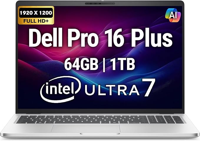 Dell Pro 16 Plus PB16250 (Replaces Latitude 5550) AI Business Notebook 16" FHD+ Intel Ultra 7-265U, 64GB DDR5 RAM, 1TB SSD PCIe, Wi-Fi 6E, BT, Backlit Keyboard, HD Webcam, RJ-45, Win 11 Pro - Silver