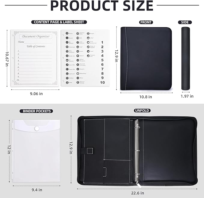 Antner Important Document Organizer Zipper Binder Family Life Emergency Portfolio Waterproof Document Bag for Birth Certificate Protector, Faux Leather Portfolio in Case I Go Missing Binder for Home
