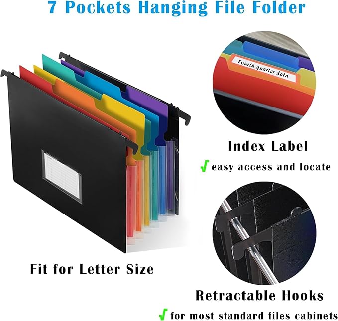 TRANBO 7-Pockets Hanging File Folder with Retractable Hooks for Filing Cabinet, 2 in 1 Expandable Accordion File Organizer with Elastic Band for File Frame or On-The-Go Use (1 Pcs)