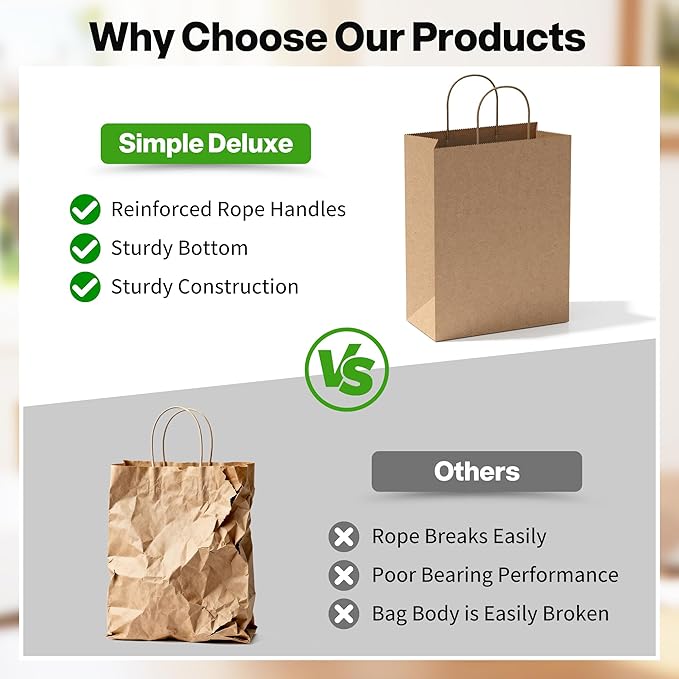Simple Deluxe 250 Pack Kraft Paper Bags with Handles 10x5x13 - Made in USA -15 Lb Max Load - 100% Recycled Natural Brown Shopping Bags for Retail, Gifts & Merchandise (Premium 90GSM)