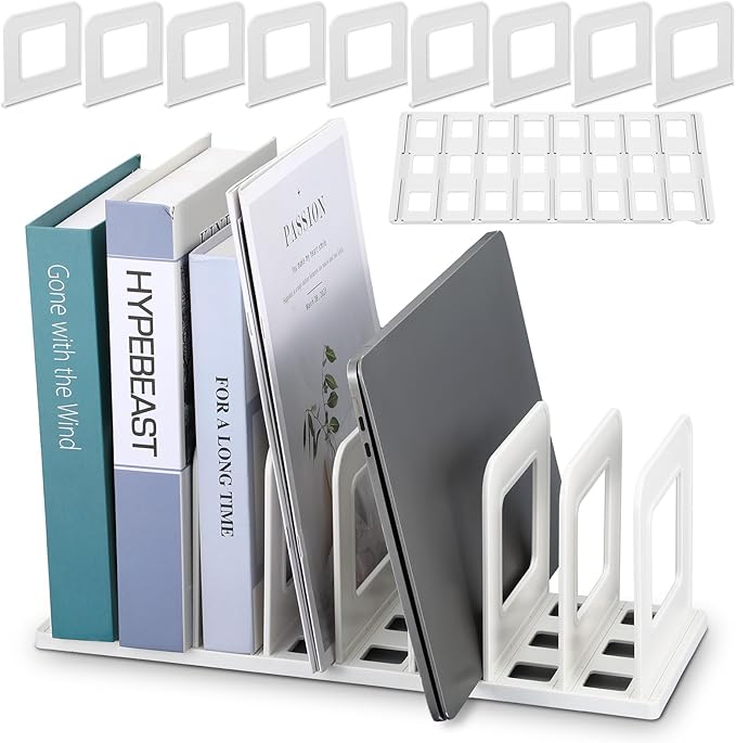 2 pcs Adjustable Vertical File Sorter Sturdy Plastic Expandable Upright File Holder for Notebook Magazine Desktop Organizer Bookshelf Divider Office Home School, Assemble Easily Endlessly, White