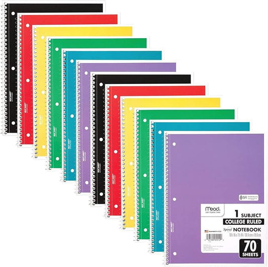 Mead Spiral Notebook, 12 Pack, 1 Subject, College Ruled Paper, 7-1/2" x 10-1/2", 70 Sheets per Notebook, Colors Will Vary (830063-ECM25)