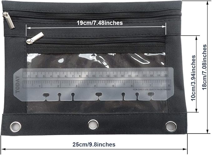 Enyuwlcm 3 Ring Binder Pencil Pouch with Durable Zipper Binder Pencil Case with Clear Window 2 Pocket Black Canvas 2 Pack