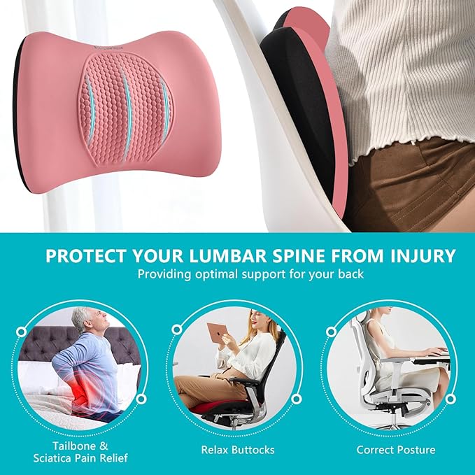 FLORICH 3 PCS Seat Cushion for Carseat Lumbar Support Pillow Car Neck Headrest Pillows Memory Foam Gel Memory Foam Massage Point Seat Pads Pressure Relief Back Cushion for Office Chair(Pink)