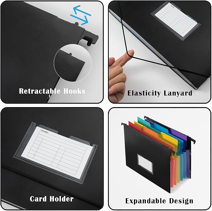 TRANBO 7-Pockets Hanging File Folder with Retractable Hooks for Filing Cabinet, 2 in 1 Expandable Accordion File Organizer with Elastic Band for File Frame or On-The-Go Use (1 Pcs)