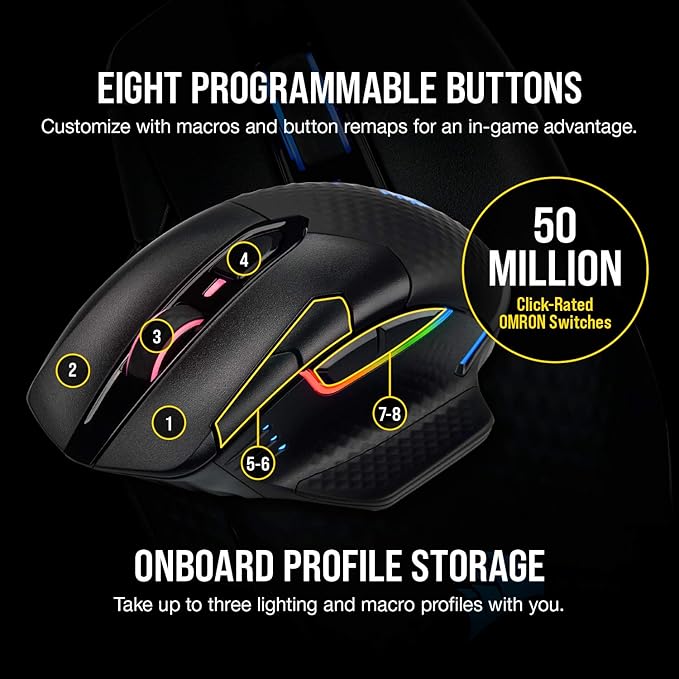 Corsair Dark CORE RGB PRO Wireless/Wired FPS MOBA Gaming Mouse – 18,000 DPI, Fast Response Time, 8 Programmable Side Buttons, Dynamic Multi-Color Backlighting – Black