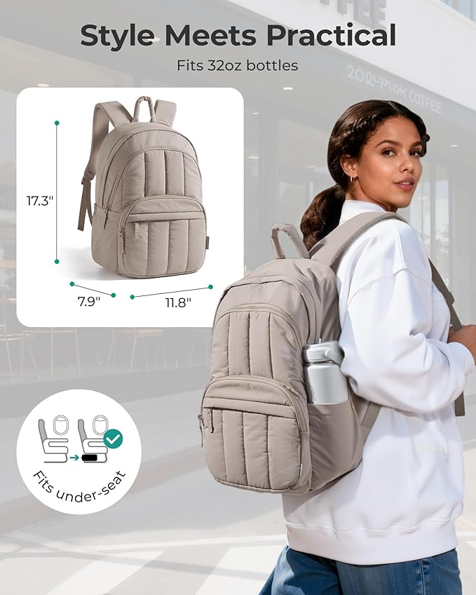 BAGSMART Womens Backpack Small Travel Laptop Backpack for Women, Quilted College Laptop Bookbag, Work Back Pack for Women, Cute Computer Water-Resistant Casual Daypack, Puffer Camel