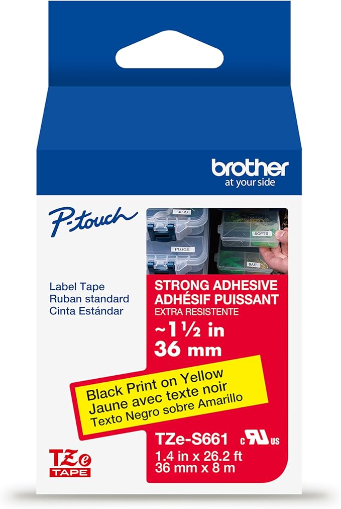 Brother Genuine P-Touch TZe Black Print on Yellow Label Tape (TZeS661), Strong Adhesive Laminated, ~1-1/2in x 26.2ft (36mm x 8m), for Select P-Touch Label Makers, Water-Resistant, Extra Strength