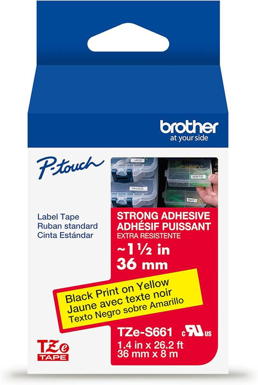 Brother Genuine P-Touch TZe Black Print on Yellow Label Tape (TZeS661), Strong Adhesive Laminated, ~1-1/2in x 26.2ft (36mm x 8m), for Select P-Touch Label Makers, Water-Resistant, Extra Strength