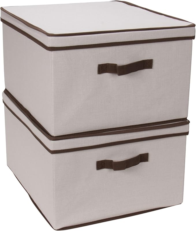 Household Essentials 515 Storage Box with Lid and Handle- Natural Beige Canvas with Brown Trim- Jumbo