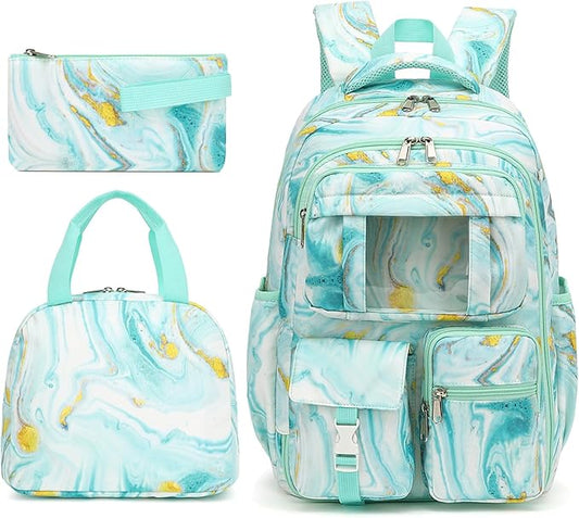 Girls School Backpack Set - Teens Kids School Bag Bookbag with Lunch Box Pencil Case for Elementary Middle School (Turquoise Marble)