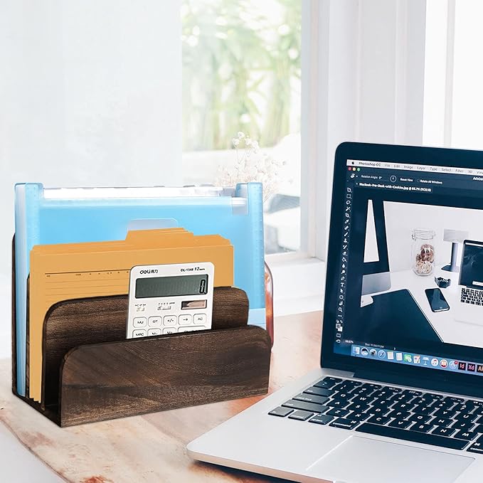 File Holder for Desk,Wood Paper Organizer,Rustic Desk Organizer,Mail Sorter for Desktop,Organizer for Counter,Letter Organizer for Document/Filing/Folders/Paper,Darkbrown