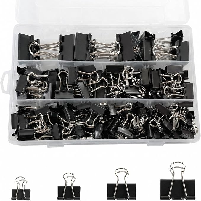 180 Pcs Binder Clips Assorted Sizes, Black Binder Paper Clips Office Clips Office Supplies, 4 Sizes Cute Binder Clips Large Medium Small Paper Clips Paper Clamps for Home School Business (Black)