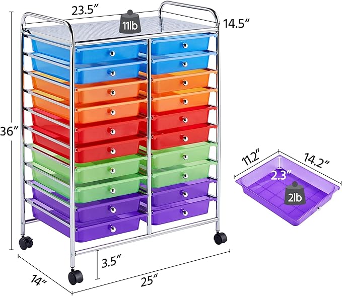 Yaheetech 20 Drawers Rolling Storage Cart Multipurpose Movable Organizer Cart Tools Scrapbook Paper Organizer on Wheels, Multicolor