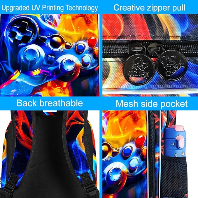 KLFVB 3PCS Bookbag for Boys, 17" Boys Game Backpack and Lunch Box, Water Resistant Teenagers Backpacks for Middle Elementary - Flame Game
