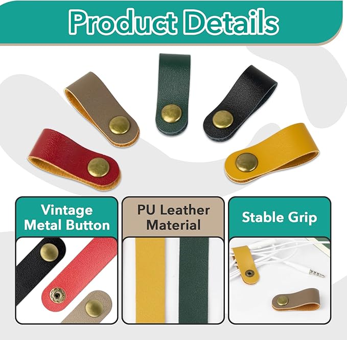 20 Pcs Leather Cord Organizer - Multiple Colors Leather Cable Straps Cord Organizer for Charging Cords, Reusable Cable Clips Leather, Multipurpose Leather Wire Cable Ties(5 Colors)