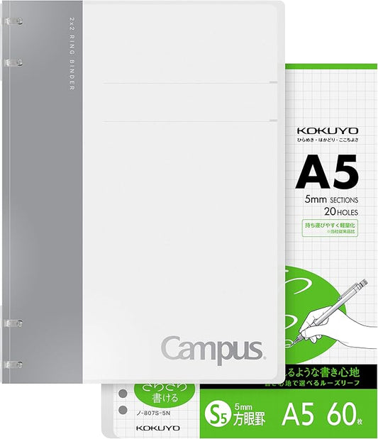 KOKUYO Campus 2x2 Spiral Binder Notebook Set, A5 Refillable Notebook + 60 Refill Papers with 5x5 Graph Ruled, 40 Sheet Capacity, Gray, Perfect for Work, Study & Journal, Japan Import