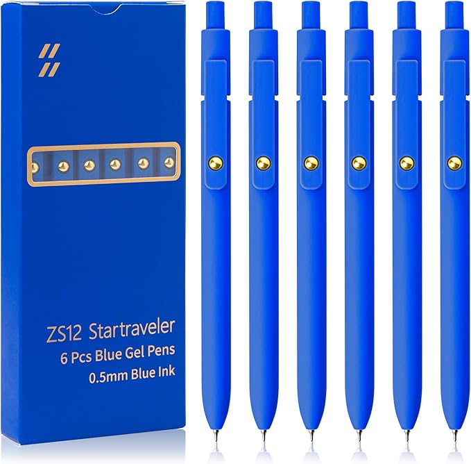 Blue Pens, 6 Pcs Blue Ink Pens Fine Point Smooth Writing Pens, 0.5mm Colored Ink Gel Pens for Journaling Note Taking, School Supplies Gifts for Women (6 Pcs Gold Blue - Blue Ink)