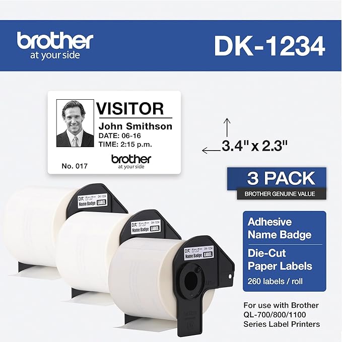 Brother Genuine DK-12343PK Die-Cut Name Badge Paper Labels, 2.3 in x 3.4 in (60 mm x 86 mm) Adhesive Name Badge White Paper Labels, 260 Labels per Roll, (3) Rolls per Box