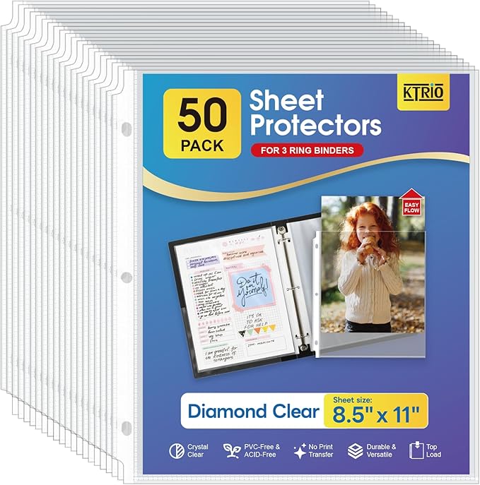 KTRIO Sheet Protectors 8.5 x 11 Inch, Clear Top Loading Page Protectors for 3 Ring Binder, Polypropylene Plastic Sleeves, Letter Size Document Protectors, Office & Home, 50 Pack