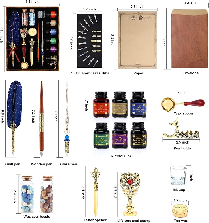 Quill Feather Pen and Ink Set, Calligraphy Pen Glass Dip Pen and Wax Seal Stamp Kit (Navy Blue)