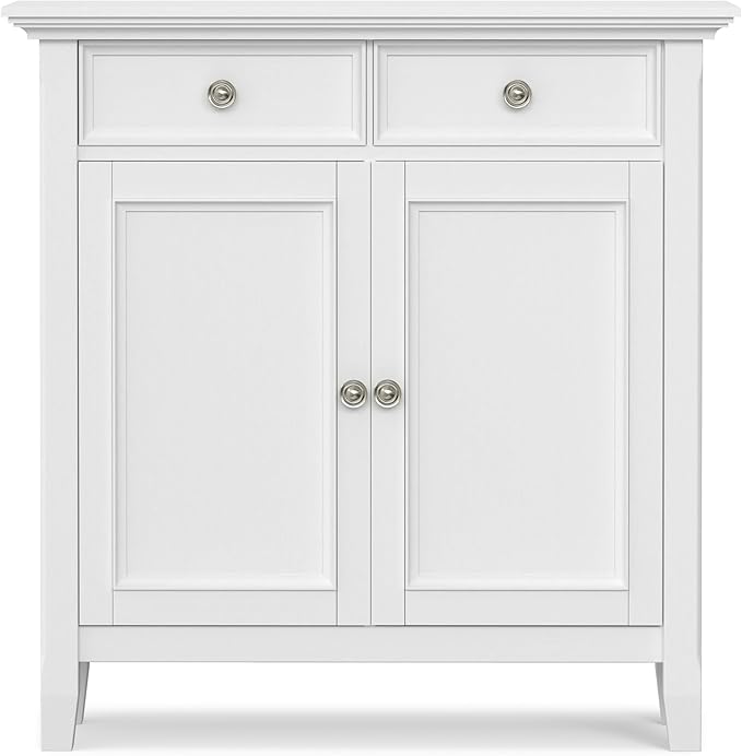 SIMPLIHOME Amherst 36-inch Wide Transitional-Style Storage Cabinet in White with Drawers and Adjustable Shelves for Entryway or Living Room