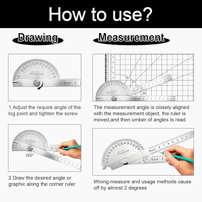 Protractor and Compass Set - 10cm (3.94 Inch) Stainless Steel Angle Finder with 2 Metal Compasses, 180° Adjustable Two Arm Ruler for Geometry, Woodworking, Engineering & School Supplies