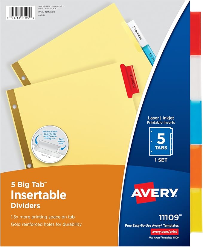 Avery Binder Dividers - 5-Tab Insertable Multicolor Big Tabs for Binders, 1 Set of Dividers (11109)