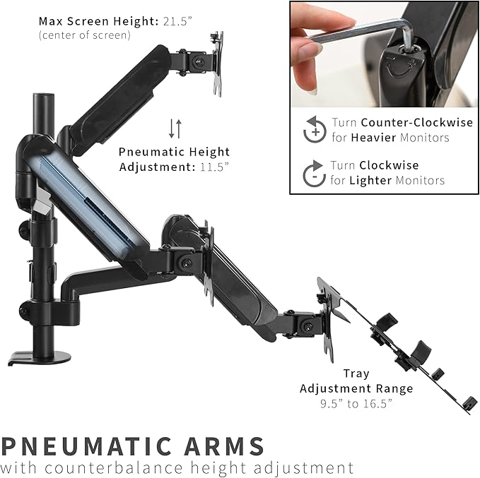 VIVO Laptop and Dual 17 to 32 inch Monitor Pneumatic Arm Mount, Fits 2 Flat or Curved Computer Screens and 10 to 15.6 Inch Notebooks, Laptop Tray, C-clamp, Grommet Mounting Base, Black, STAND-V003KL