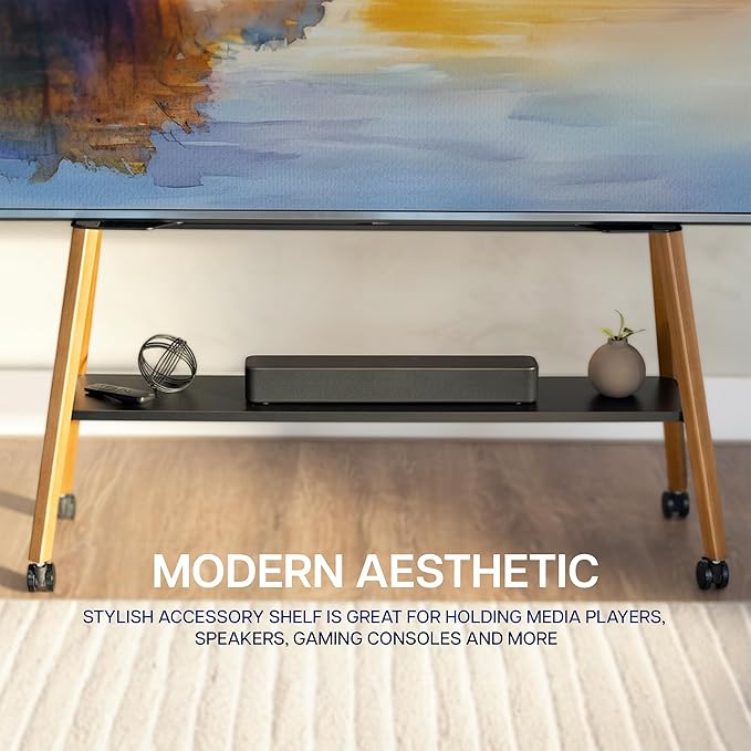 VIVO Rolling Artistic 50 to 90 inch LED LCD Screen Mobile Studio TV Easel Stand, Wood Accessory Shelf, Adjustable TV Mount with 4 Walnut Legs, Black Frame, STAND-TV90R