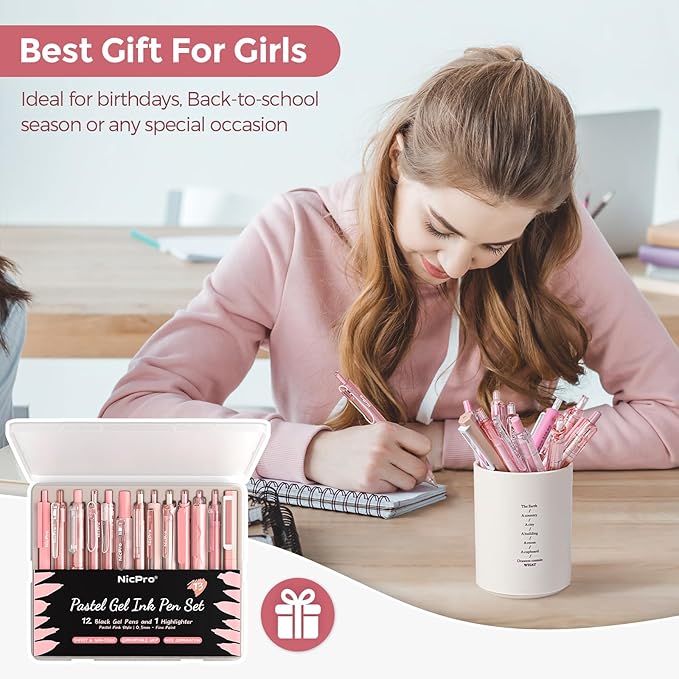 Nicpro 13 Pack Pink Gel Pens Set, Fine Tip Black Ink Pen with 1 Highlighter, Cute Pen for Journaling, Back to School Office Supplies for Teacher Student Gift, Pink Desk Accessories for Girl Stationery