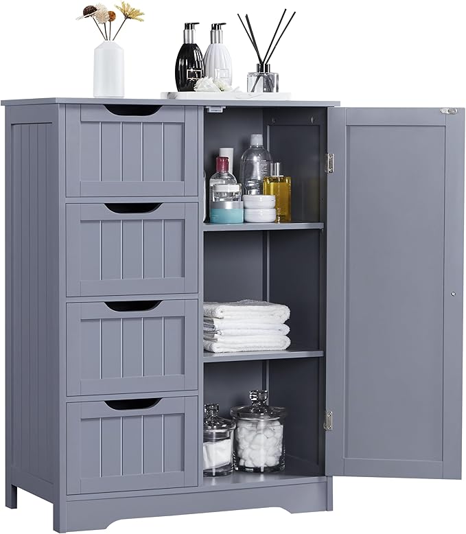 Yaheetech Large Bathroom Floor Cabinet with 4 Dawers and Single Door Cabinet, Freestanding Storage Cabinet for Living Room Kitchen Hallway, Gray