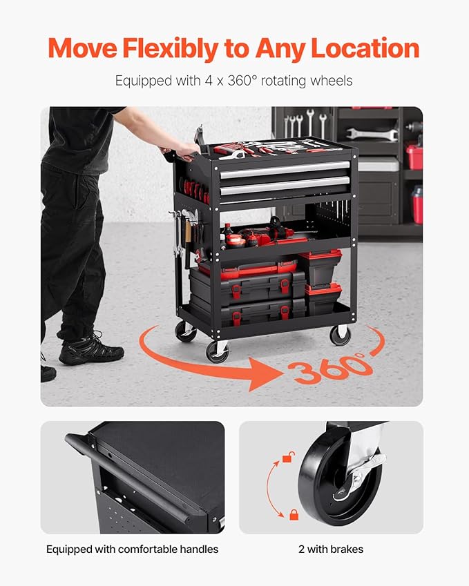 VEVOR 5-Tier Tool Cart with Wheels, 400 lbs Load Capacity, Rolling Work Cart with 2 Drawers & Pegboard, Mechanic Tool Storage Organizer with Locking System for Garage, Warehouse and Repair Shop, Black