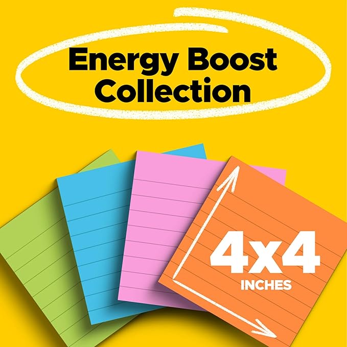 Post-it Super Sticky Lined Notes, 4 Sticky Note Pads, 4 x 4 in., Ideal for Organization in Your Dorm, Home or Office, Energy Boost Collection