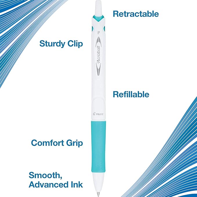 PILOT Acroball PureWhite Advanced Ink Refillable & Retractable Ball Point Pens with Silver Accents, Fine Point, Black Ink, 14-Pack (14694)