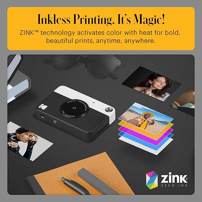 KODAK Printomatic Full-Color Instant Print Digital Camera Colorful Photos On Zink 2x3" Sticky-Back Photo Paper 5MP Gift Bundle: Case + Zink 2x3" 20pk + Album + Stickers + Frames + Markers - Black