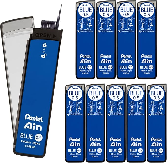 Pentel Ain Mechanical Lead, 0.02 inches (0.5 mm), Blue, 10 Pieces C285-BL