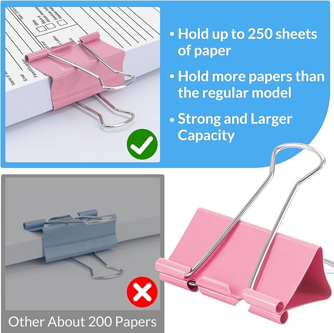 2 Inch 40 Pack Extra Large Binder Clips, Assorted Colors, Colored Jumbo Paper Clips, Big Paper Clamps, Binder Clips Large Size for Home, School and Office Supplies
