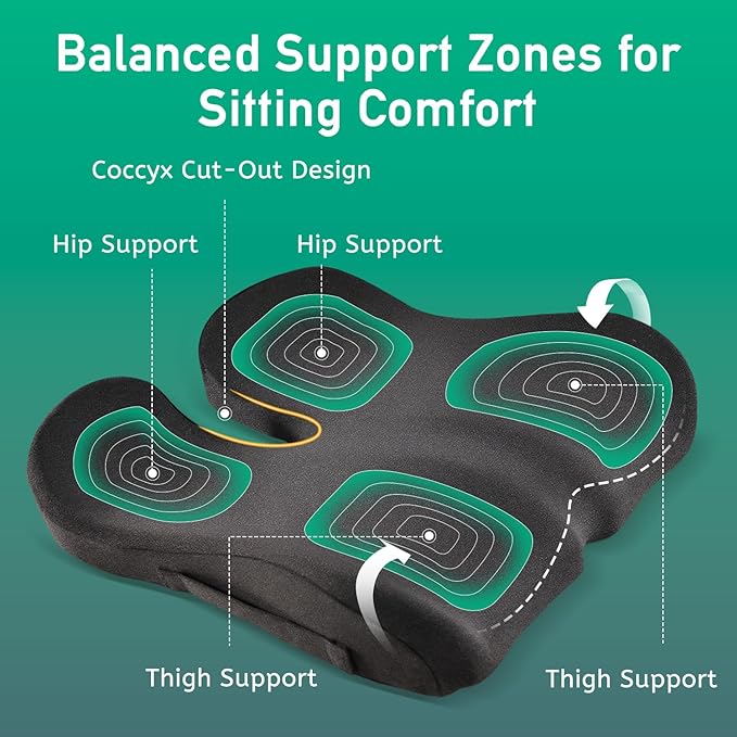 Firm Support Seat Cushion for Long Sitting, Ergonomic Memory Foam with Coccyx Cut-Out, Stable Pressure Distribution for Office Chair, Gaming & Daily Home Seating, Non-Slip Bottom, Washable Cover