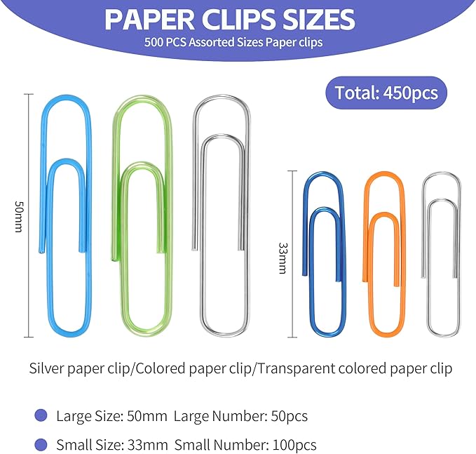 Paper Clips Assorted Sizes,450PCS Medium and Large PaperClips for Office Supplies,Colored Paper Clips for Home, School and Office Use