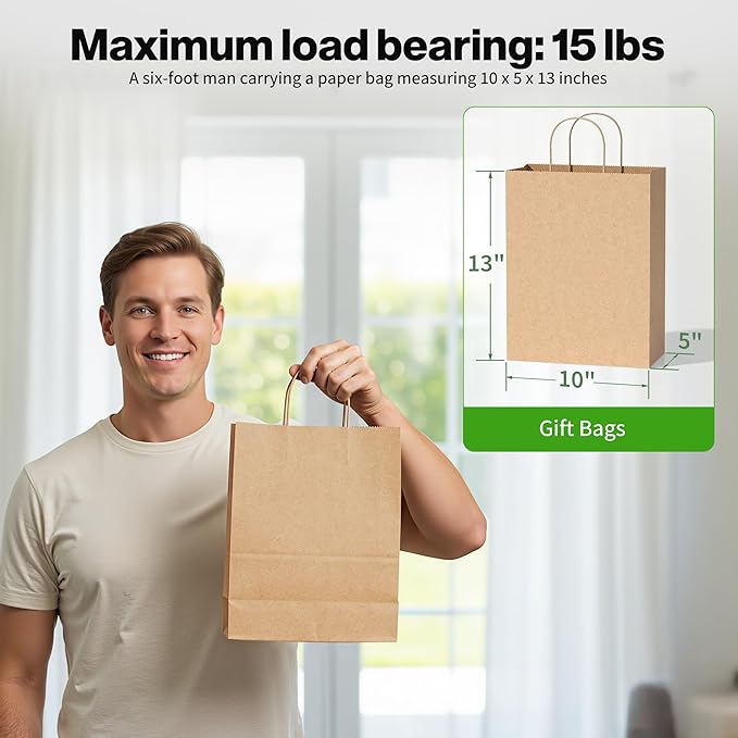 Simple Deluxe Value Pack of 100 Kraft Paper Bags with Handles (10x5x13 Inch) - Made in USA from 90GSM 100% Recycled Paper for Retail, Bulk Savings for Retail, Stores & Gift Packaging