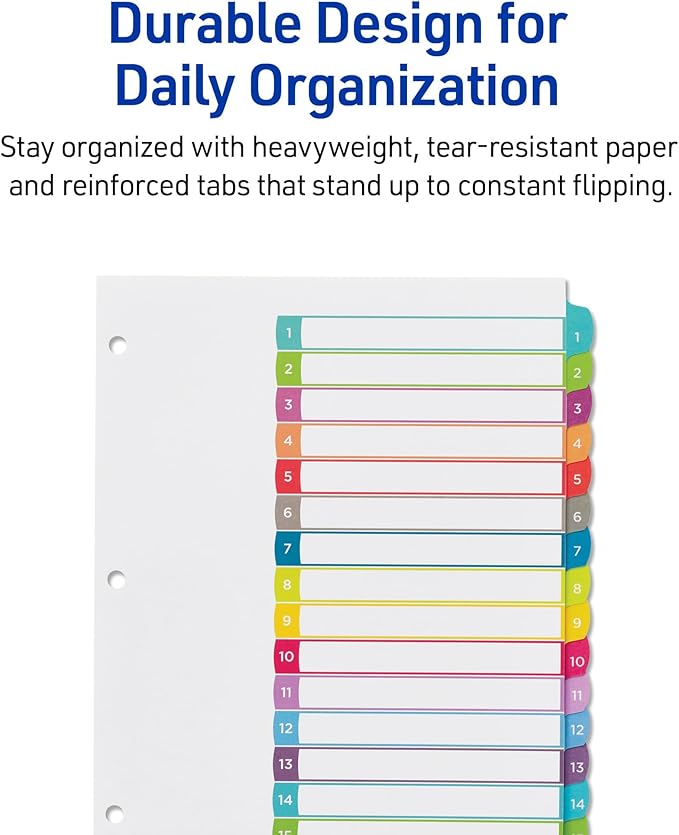 Avery Dividers for 3 Ring Binders, 15 Tabs per Set, Customizable Table of Contents, Multicolor Arched Tabs, Great for Organizing Reports, Projects, and More (11845)