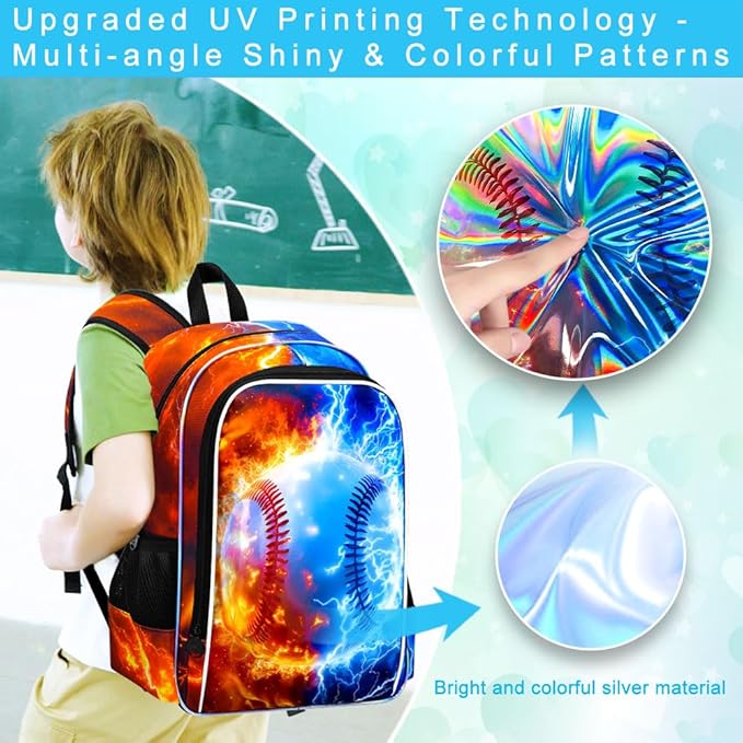 gxtvo 3PCS Boys Baseball Backpack, 17" Kids Bookbag with Lunch Box, Water Resistant Middle Elementary School Bag - Fire & Lightning Baseball