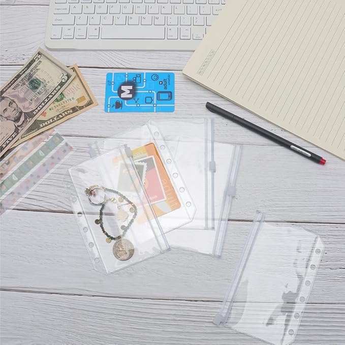 12PCS A7 Clear Zipper Binder Pockets - 6 Holes Pouches Bag for Loose-Leaf Journal Budget Filing
