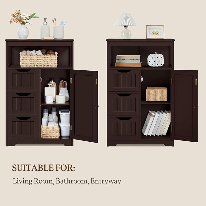Yaheetech Wood Bathroom Floor Cabinet with 3 Drawers &1 Cupboard, Free Standing Storage Organizer Hallway Entryway Cabinet for Living Room Kitchen, Espresso
